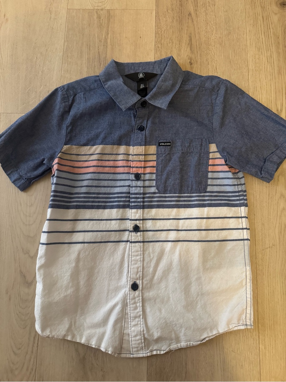 Volcom Boys Short Sleeve Button-Up Shirt - Blue, Cream with Coral Stripe Accents